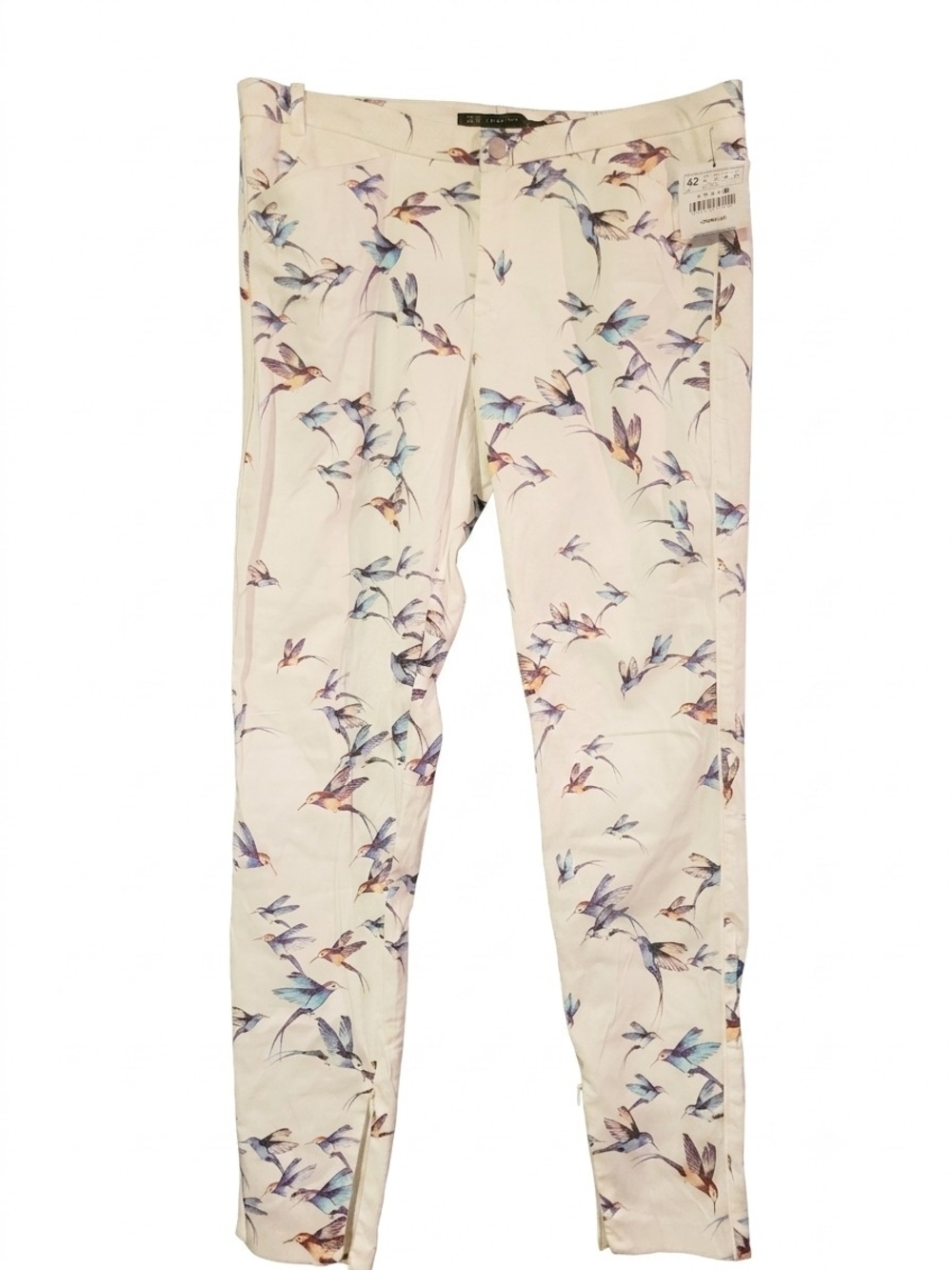 Zara Cream Ankle Pants with Pastel Bird Print